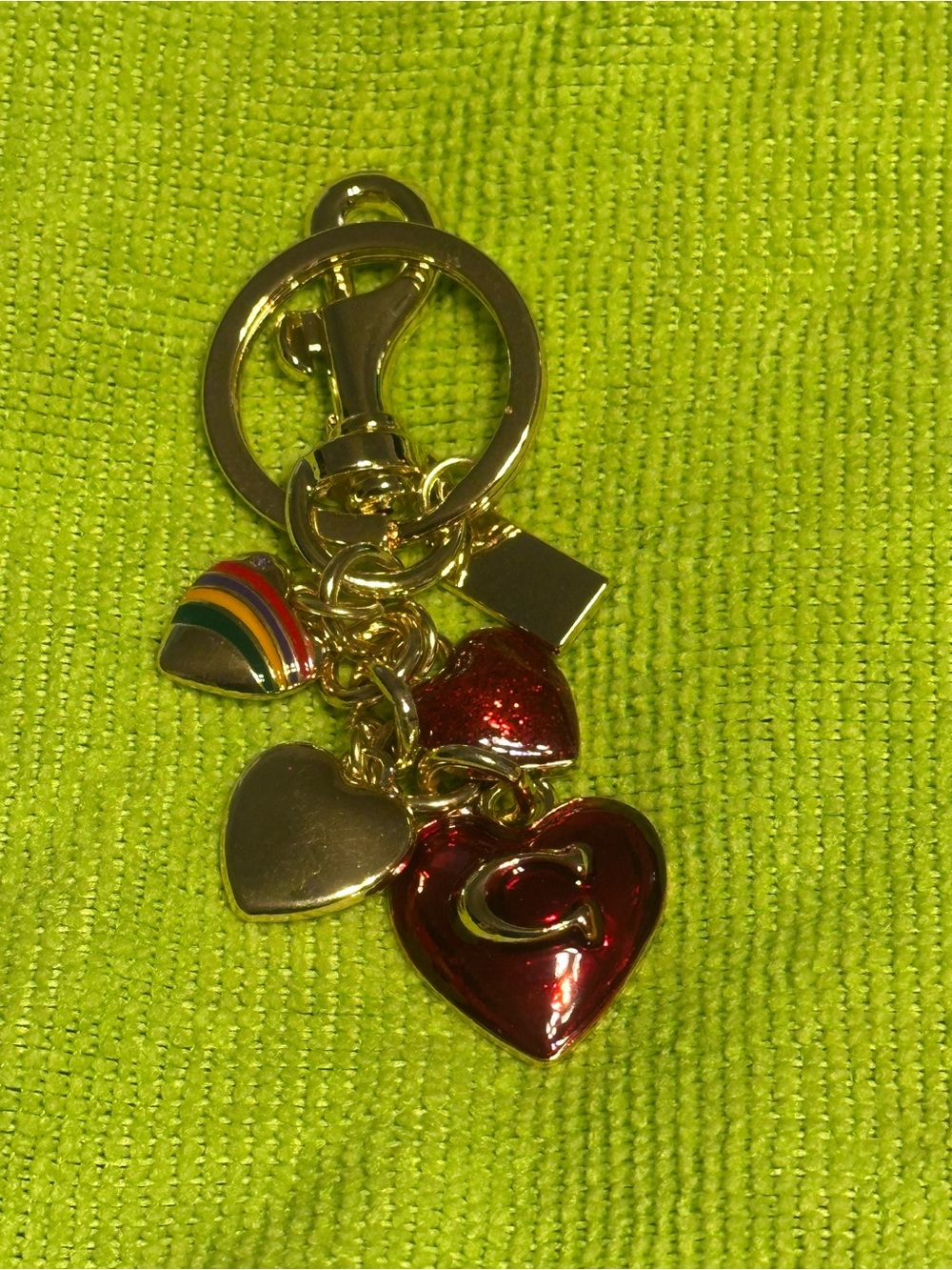 Gold-Tone Fashion Red Heart Charm Keychain with Rainbow Accent